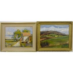 Anne Williams (British 20th century): Yorkshire Farmstead and Landscape, two oils on board, one signed, max 43cm x 53cm (2) 
Provenance: direct from the artist's family. Anne was a local artist who lived at Malton and later York.
