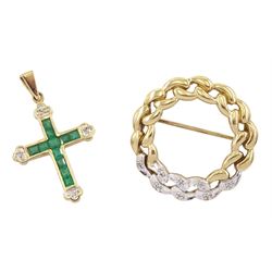 Gold diamond curb link hoop brooch and a gold emerald and diamond cross pendant, both hallmarked 9ct