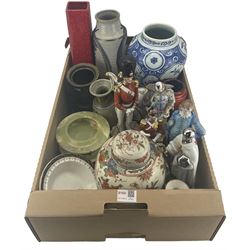 Studio pottery vases, onyx pedestal bowl, Chinese ginger jar, delft vase etc in one box