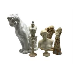 Italian white glazed pottery fireside model of a tiger (a/f) H56cm, Classical style bust, two Past Times figures etc 