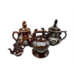 Victorian Barge ware teapot dated 1879, Barge ware kettle on stand and two others 