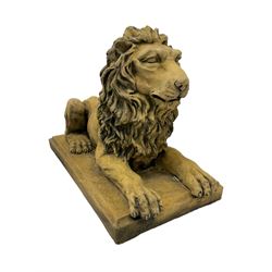 Pair cast stone recumbent lions, on rectangular plinth base