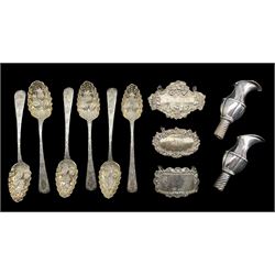 Six early 19th century silver teaspoons, various dates with later engraving and berry bowls, three silver decanter labels and two plated wine bottle pourers 4.9oz