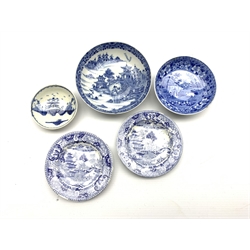  Caughley blue and white saucer decorated in the conversation pattern c1780, pair of small earthenware plates in the two temples pattern D10cm, miniature pearl ware blue and white saucer dish and a Spode blue and white saucer dish c1814 D10cm  