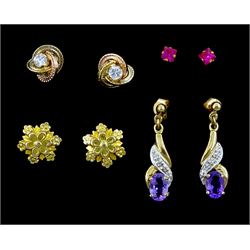 Four pairs of 9ct gold earrings including amethyst and diamond chip, flower, cubic zirconia and pink stone set