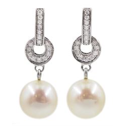 Pair of 9ct white gold diamond and pearl pendant stud earrings, stamped 375