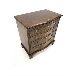 Georgian style walnut serpentine fronted chest, with brushing slide over four graduated drawers enclosed by canted and fluted corners, raised on bracket supports, W76cm, H78cm, D47cm