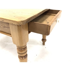 Victorian pine kitchen dining table, fitted with one drawer with ceramic pull handle, raised on turned supports 