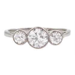 Art Deco platinum milgrain set three stone diamond ring, principle diamond approx 0.50 carat, total diamond wight approx 0.80 carat