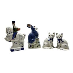Four Rye Pottery figures to include a pair of Staffordshire style cats, Hare and 'The Squire' (4) 