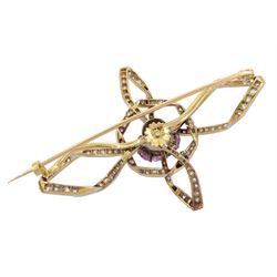 Early - mid 20th century 18ct gold and platinum oval pink topaz and diamond ribbon pendant / brooch, in fitted silk and velvet lined box by Garrard & Co. Ltd, Goldsmiths, Jeweller to the King