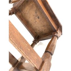 Robert 'Mouseman' Thompson of Kilburn - Yorkshire oak stool, rectangular burr oak dished top, raised on four faceted octagonal turned supports united by stretchers, carved with mouse signature W40cm D28cm, H38cm