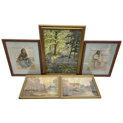English School (Early 20th century): Riverside Town Scene, pair watercolours indistinctly signed; English School (Early 20th century): Bluebell Forest, watercolour signed EW dated 1922 together with pair portrait prints (5)