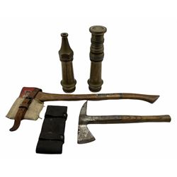 Two fireman's axes, one by Elwell with 2 1/2 inch edge, the other by Morris & Sons, John Morris & Sons Ltd Salford 5/8 size brass hose and another by Elgon marked Morris Trademark Coupling. Provenance: Passed down from Joseph Rowntree Fire Department in the late 1930's
