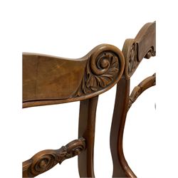 Set six regency style mahogany dining chairs, the carved cresting rail and back over drop in seat pad, raised on reeded supports 