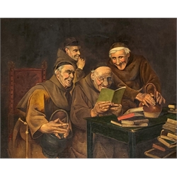 Unsigned oil on board of a group of Monks, 50cm x 60cm 