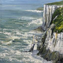 Sue Nichol (British contemporary): 'Bempton Cliffs', oil on canvas signed and dated '06, labelled verso 40cm x 40cm (unframed)