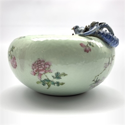 Chinese porcelain vase of squat form decorated in relief with a dragon confronting a bat, the body painted with flowers on celadon ground, Yongzheng type seal D15cm x H9cm