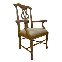 Set eight light oak Chippendale design carver dining chairs, shaped cresting rail with pierced and scrolled splat backs, upholstered seats with scrolling arm terminal, on cabriole supports with pad feet 