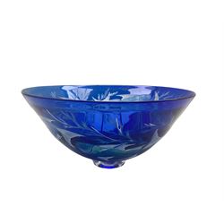 Julia Linstead (British 1966-): Hand blown cobalt blue glass bowl etched with fish amongst weed, signed D28cm