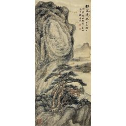 Chinese School (19th century): Mountainous Landscape with Ancient Tree, watercolour inscribed and signed with artists seal 67cm x 31cm