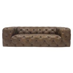 Three seat club sofa, upholstered in deeply button tan brown leather