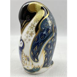 Two Royal Crown Derby paperweights comprising Penguin & Chick dated 1998 and Chinese Horse, 1990 (2)