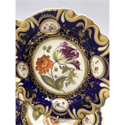 Bloor Derby shaped oval dish centrally painted with floral sprays within a cobalt blue and gilt border, L29.5cm, a similarly decorated early 19th century Derby teapot, together with a 19th century Botanical dessert service, possibly Machin comprising: five plates and two serving dishes (9)