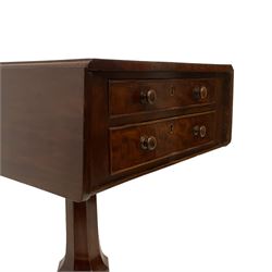 William IV small mahogany Pembroke table, rectangular drop-leaf top, fitted with two cock-beaded drawers with opposing false set, raised on turned octagonal pedestal terminating in quadriform base, on castors