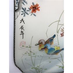 A series of five Japanese painted silk screens, of shaped form painted with botanical studies, butterflies and ducks, each signed, 32cm x 15cm (5)