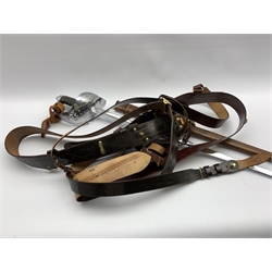 George V Indian Army officers sword with engraved blade and wire wound fish skin grip in leather covered service scabbard and with two leather belts