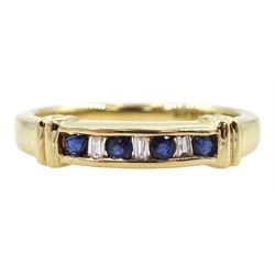 10ct gold channel set round sapphire and baguette cut diamond ring, stamped