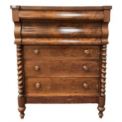 Scottish Victorian mahogany chest, two cushion frieze drawers over three graduated drawers to base flanked by spiral turned pilasters, raised on turned supports W115cm, H144cm, D55cm