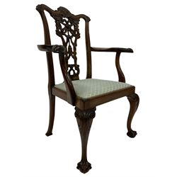 Pratts Bradford - Late 20th century Chippendale design walnut and mahogany elbow chair, shaped cresting rail carved with foliage over pierced and ribbon scroll carved back, serpentine arms carved with serpent head terminals, upholstered drop in seats in moulded frame, acanthus carved cabriole supports with ball and claw feet