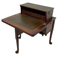 18th century mahogany metamorphic campaign writing desk, tea table and games table, double fold-over with adjustable rest to gate-leg support, the first fold reveals plain mahogany top, the second fold reveals green and tooled leather writing surface, counterbalanced lift-up back fitted with pigeon holes and small drawers, on cabriole supports