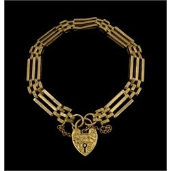 9ct gold three bar link bracelet, with heart locket clap, makers mark N B s, probably Nathan Brothers, each link stamped 9