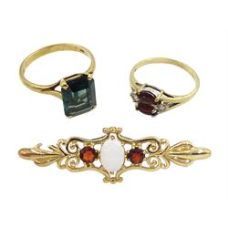 Gold opal and garnet bar brooch and two gold stone set rings, all hallmarked 9ct