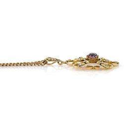 Edwardian amethyst and seed pearl pendant, stamped 9ct, on later flattened link chain necklace