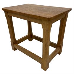 Mouseman - nest of three oak occasional tables, rectangular adzed tops on octagonal supports, each carved with mouse signature, by the workshop of Robert Thompson, Kilburn