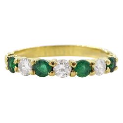 18ct gold seven stone round emerald and round brilliant cut diamond ring, total diamond weight approx 0.30 carat