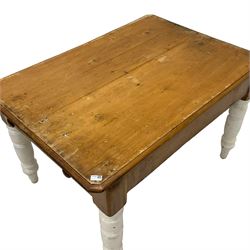 19th century pine Kitchen table, moulded rectangular top over end drawer fitted with divisions, on white painted turned supports