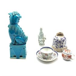 19th century Chinese blanc de chine figure H14cm, tea bowl and saucer, 20th century dog of Fo etc