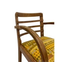 Heals of London - circa. 1930s set of four oak dining chairs, curved ladder back over curved arms, padded drop-in seat cushions upholstered in Irmgard Krebs (for Heals) ‘Cherry Orchard’ fabric, on square supports united by H stretchers