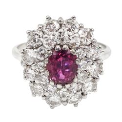 18ct white gold oval ruby and two row round brilliant cut diamond cluster ring, total diamond weight approx 1.20 carat