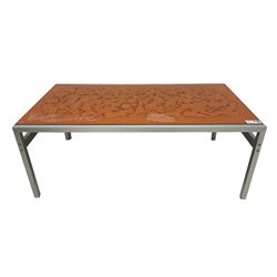 Jean René - 1970s burnished metal coffee table, rectangular form with orange lava effect glass top 