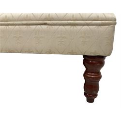 Victorian design footstool, seat upholstered in ivory damask fabric, on turned feet
