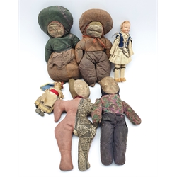 Collection of early 20th century leather and cloth dolls, another doll with painted composite faces etc (6)