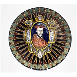 Limoges enamel style porcelain plate, hand-painted with a titled portrait of Charles de Guise after Leonard Limosin, D32cm 