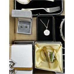 Costume jewellery including a turquoise stone set bracelet, Aquarius Design brooch, green stone bangle etc, silver spoon and fork set, coins, cased set of drawing instruments etc in one box