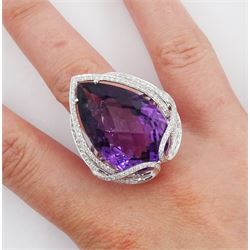18ct white gold amethyst and diamond suite, comprising necklace, pair of pendant stud earrings and bracelet and ring, each with pear cut amethysts and round brilliant cut diamonds, stamped 750 
